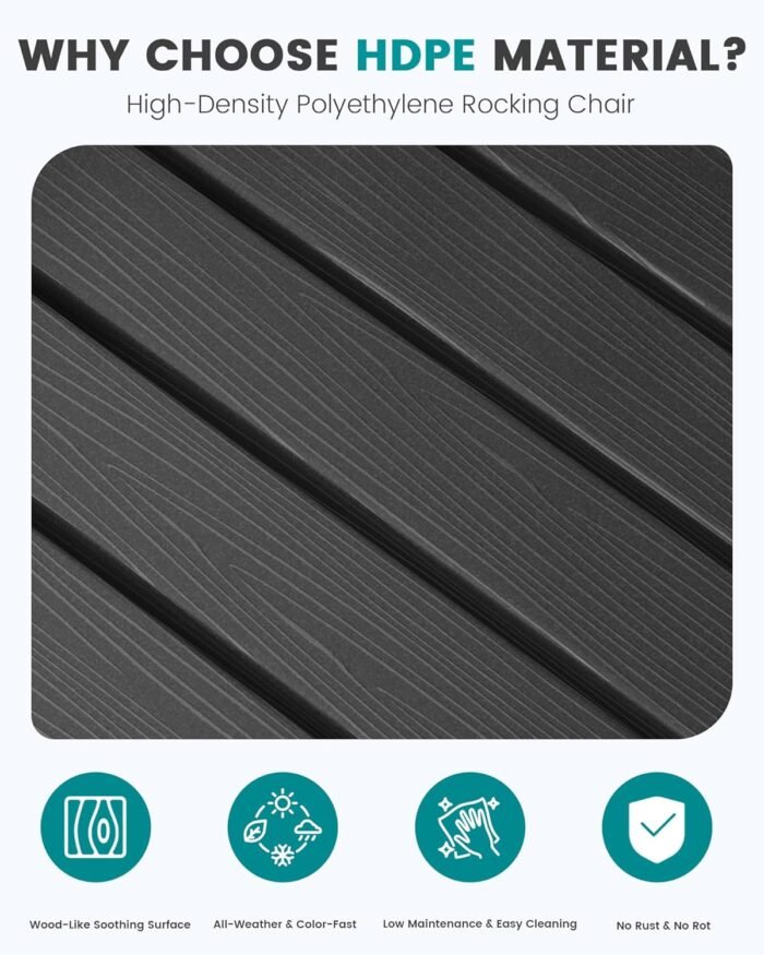 SERWALL Outdoor Rocking Chair Set of 2, HDPE Patio Rocking Chair All-Weather Porch Rocker for Balcony, Yard, Black - Image 4