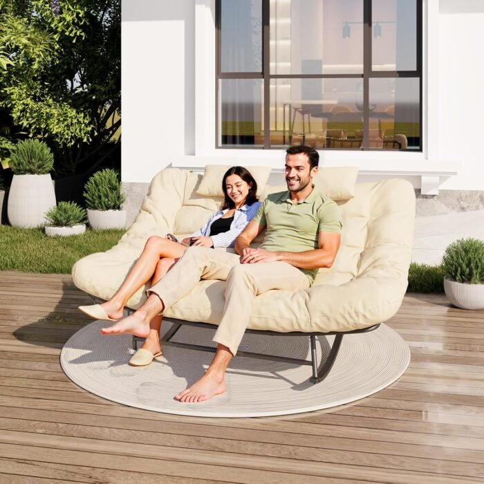 Oversized Outdoor Rocking Papasan Chair,Double Patio Rocking Chair for 2-Person,Loveseat Rocker with Thick Cushion&Rattan Frame,Large Lounge Chair for Outdoor Balcony Garden (Beige) - Image 8