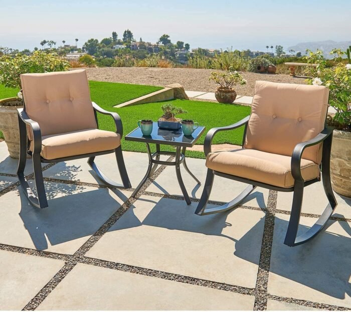 Oakmont Outdoor Furniture 3 Piece Conversation Bistro Set Rocking Chairs and Glass Top Table, Thick Cushions, Black Steel (Brown) - Image 2