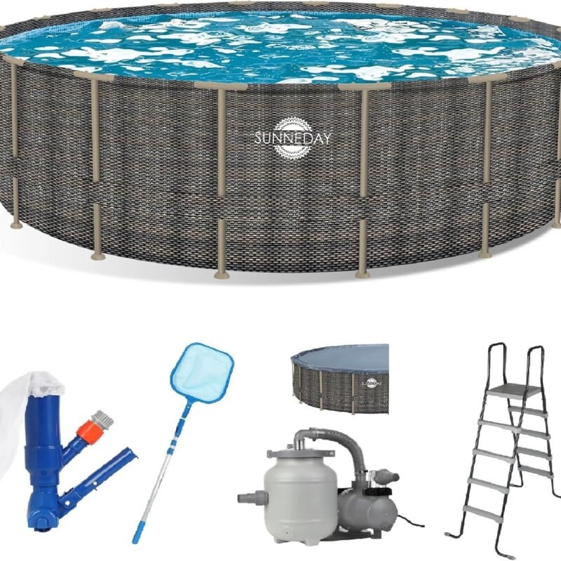 24ftx52in Metal Frame Swimming Pool,Round Above Ground Pool Set with Filter Pump,Pool Ladder,Pool Cover and Maintenance Accessories,Rattan Frame
