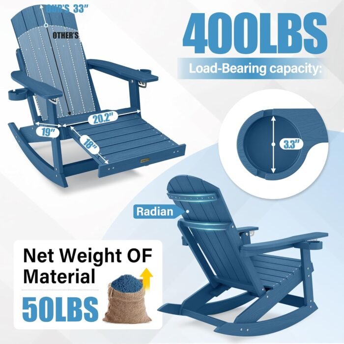 YEFU Outdoor Rocking Chairs Set of 2 Oversize Adirondack Rocking Chairs with Retractable Ottoman & 5-Level Adjustable High Back - Outdoor Rocker with 2 Cup Holders for Porch/Patio/Lawn/Navy - Image 2