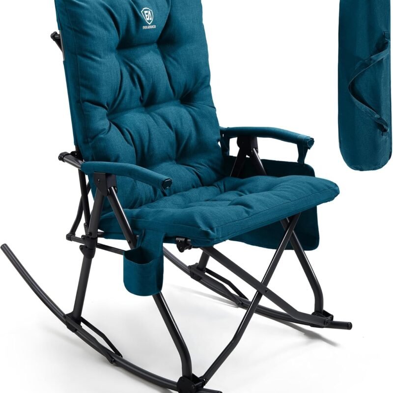 EVER ADVANCED Oversized Folding Rocking Camping Chair, Padded Portable Rocker Chair for Patio, Lawn and Outdoors, Heavy Duty Hard Armchair for Adults Supports 400lbs, Green