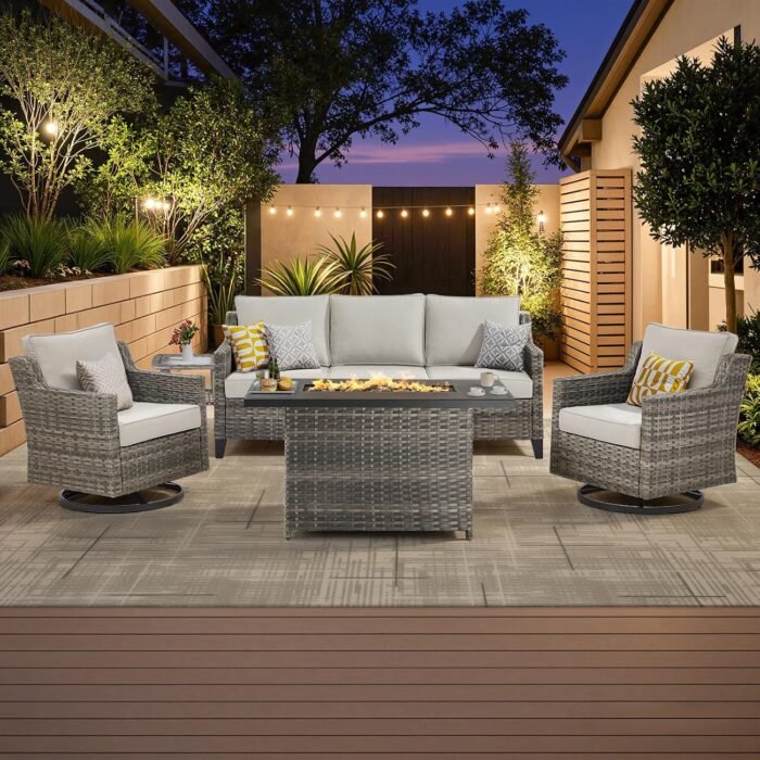 Patio Furniture Set with 42.5" Fire Pit Table-5 Pieces All Weather Wicker Outdoor Furniture with High Back Swivel Patio Chairs Set of 2 Outdoor Couch for Deck Balcony Backyard Beige/Gray - Image 7