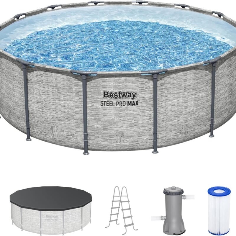 Bestway Steel Pro MAX 14 Foot x 48 Inch Round Metal Frame Above Ground Outdoor Swimming Pool Set with 1,000 Filter Pump, Ladder, and Cover, Gray