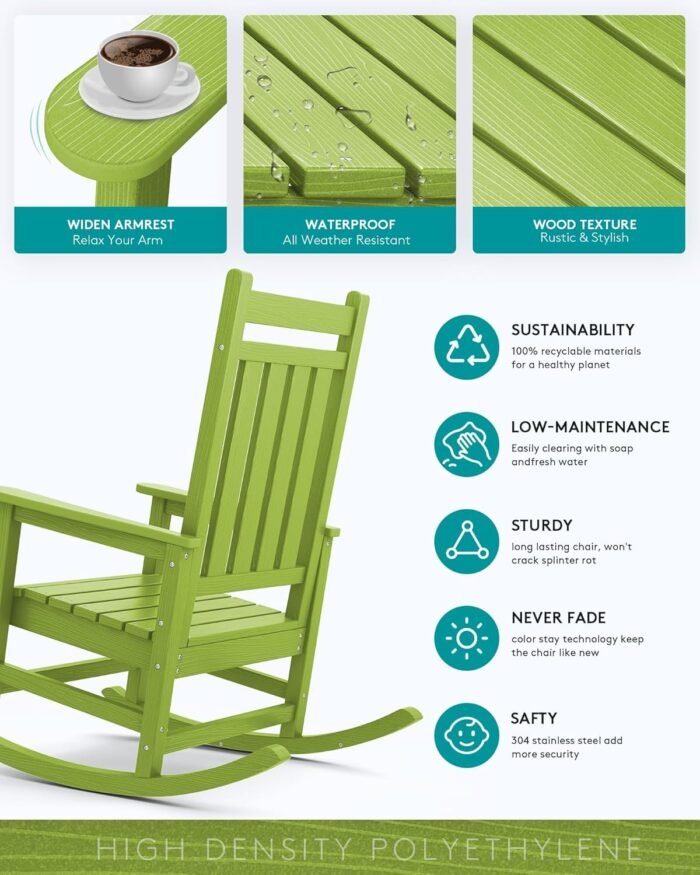 SERWALL HDPE Rocking Chair, Outdoor Rocking Chair for Adults, All Weather Porch Rocker for Lawn Garden, Lime - Image 4