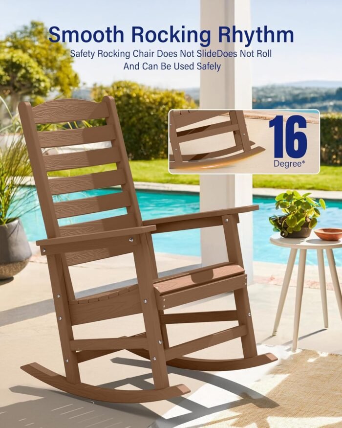 YEFU Outdoor Rocking Chair,Poly Porch Rocker with Curved Backrest,All Weather Patio Rocking Chair,Like Real Wood,for Indoor,Lawn, Backyard,Garden,Heavy Duty,Weight Capacity 380lbs(Teak) - Image 5