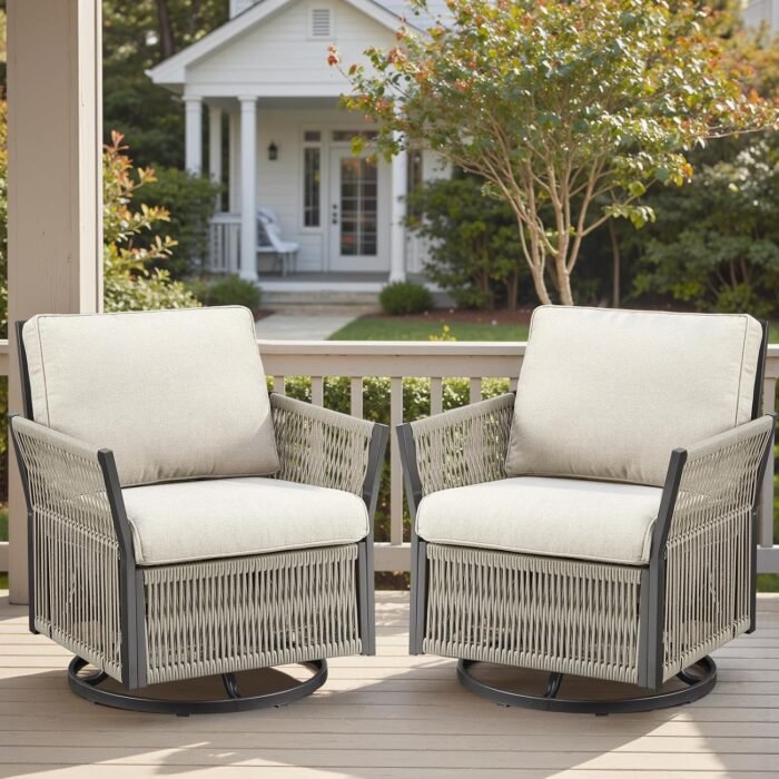 Wicker Swivel Rocker Patio Chairs, Patio Wicker Chairs Swivel Rocker Set of 2 Comfy Glider Rocking Chair Outdoor Conversation Furniture Set for Deck Porch Sunroom Backyard, Beige - Image 7