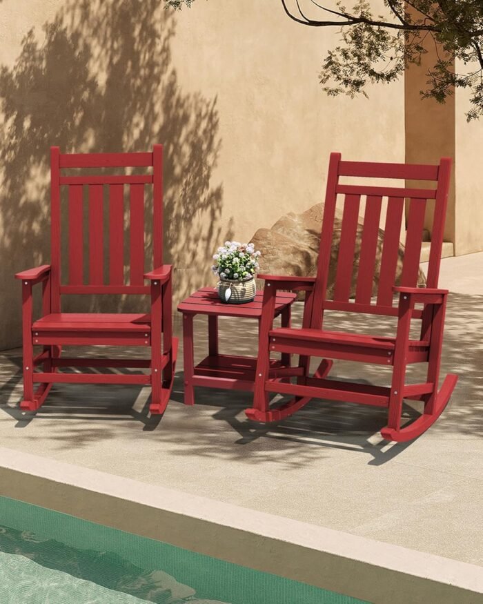 SERWALL Outdoor Rocking Chair Set of 2, HDPE Rocking Chairs for Adult, All Weather Porch Rockers for Lawn Garden, Crimson Red - Image 2