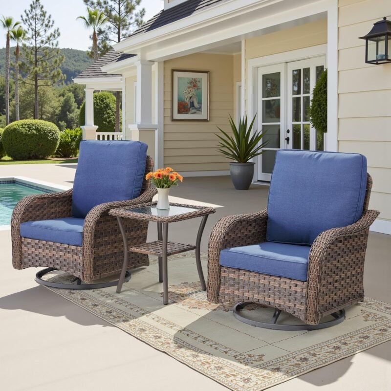 Patio Wicker Chairs Swivel Rocker Outdoor Rocking Chairs Set of 3 Rattan Furniture Set with Thick Cushion, Side Tables for Balcony Deck Backyard, Blue