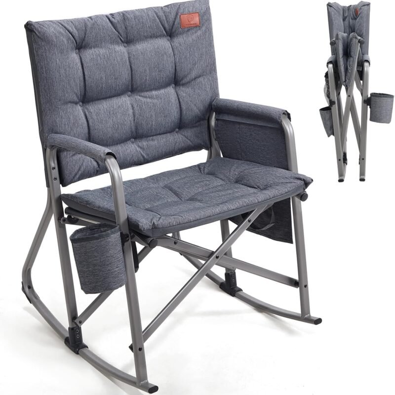 EVER ADVANCED Lightweight Rocking Chair Outdoor, Padded Rocker Camping Chair for Adults, Portable Hard Armchair for Patio and Lawn, Grey