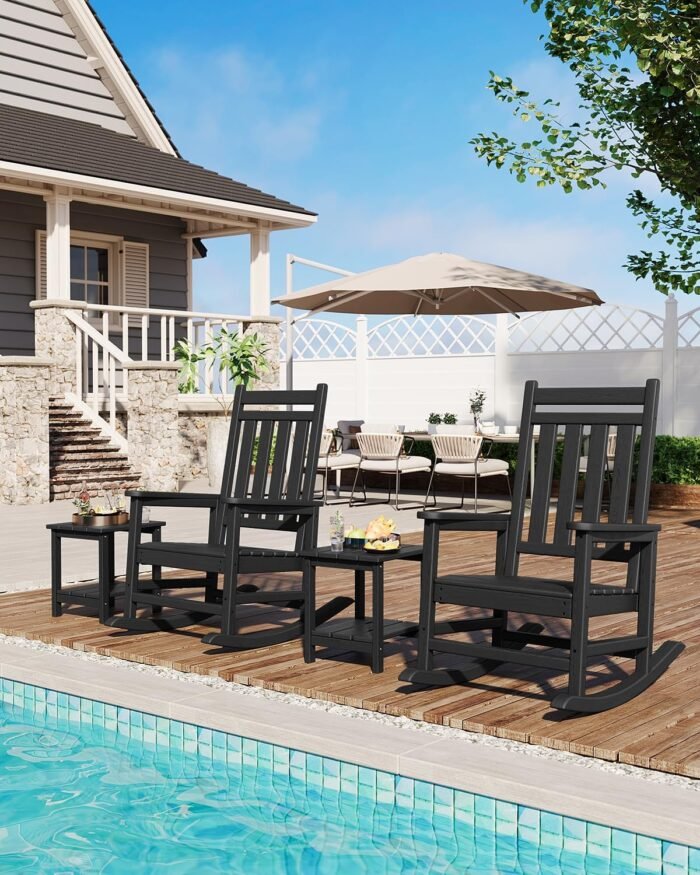Poly Lumber Rocking Chair Outdoor Set of 2 with Side Table - HDPE High Back Porch Rocker Chairs for Adults - All Weather Resistant Furniture for Patio - Black - Image 8