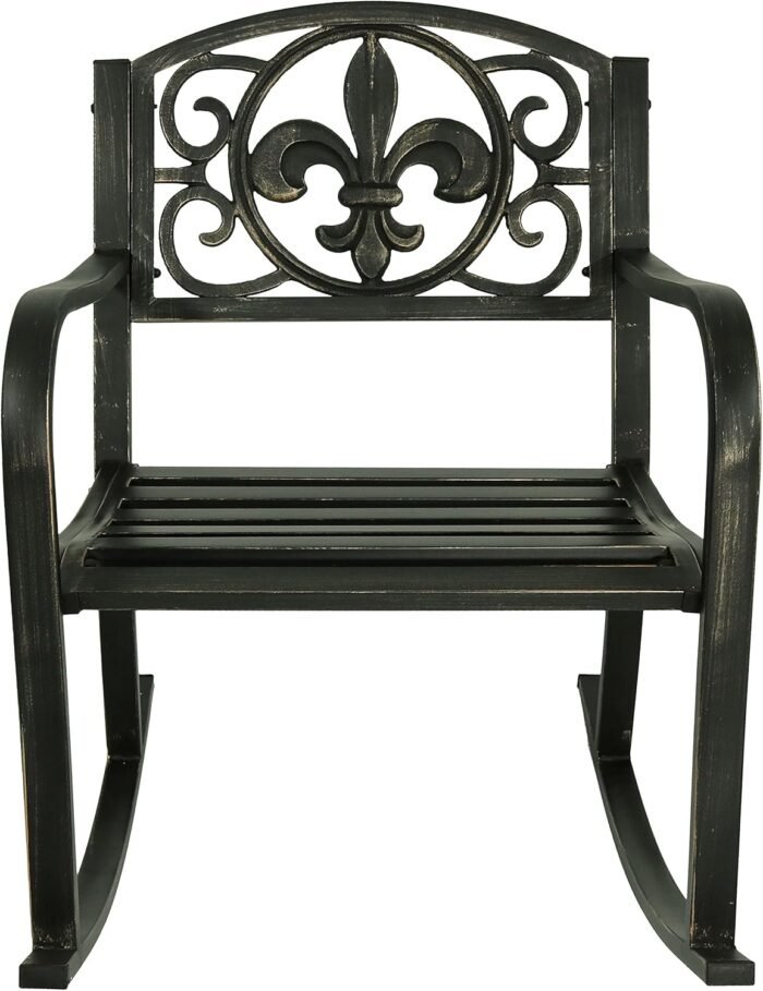 Sunnydaze Fleur-de-Lis Cast Iron and Steel Patio Rocking Chair - 275-Pound Weight Capacity - Black - Image 6