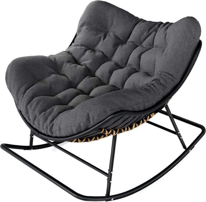 SWITTE Papasan Rocking Chair Outdoor Indoor, Oversized Egg Wicker Rocker with Cushion, Supports 450 lbs, Patio Chair for Balcony or Living Room - Gray - Image 9