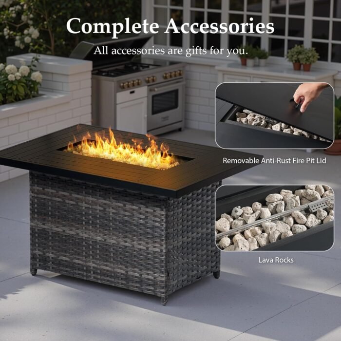 Patio Furniture Set with 42.5" Fire Pit Table-5 Pieces All Weather Wicker Outdoor Furniture with High Back Swivel Patio Chairs Set of 2 Outdoor Couch for Deck Balcony Backyard Beige/Gray - Image 3