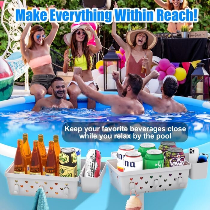 2 Sets Poolside Storage Basket for Above Ground Pool Accessories, Universal Fit Pool Storage with Cup Holders Large Capacity, Durable Pool Organizers for Towels Grey - Image 2