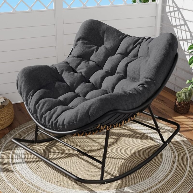 SWITTE Papasan Rocking Chair Outdoor Indoor, Oversized Egg Wicker Rocker with Cushion, Supports 450 lbs, Patio Chair for Balcony or Living Room - Gray