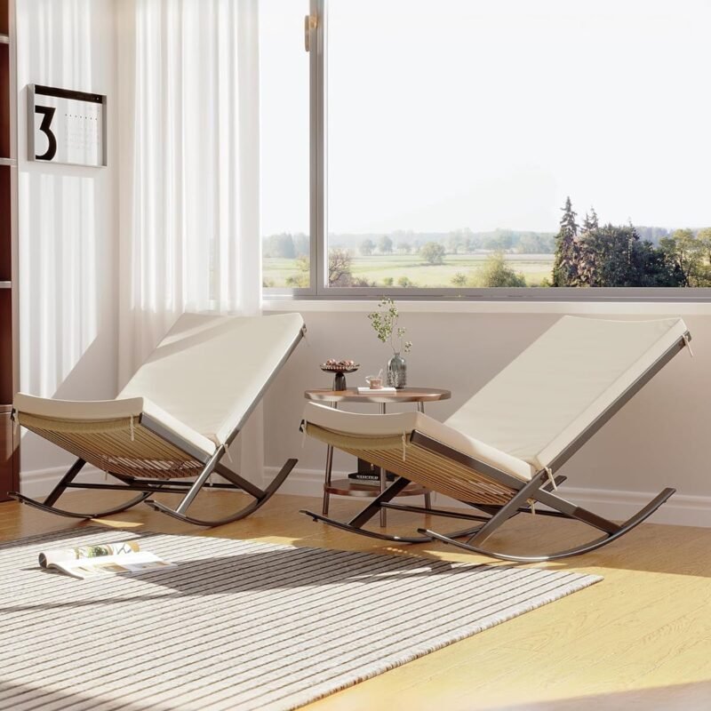 Rocking Chair Outdoor Set of 2 Patio Chairs Rocking Chairs Outdoor Lounge Rattan Chair for Outside Lawn with Cushions for Front Porch, Garden, Backyard, Lawn, Patio,Beige