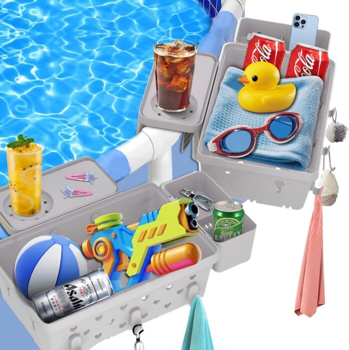 2 Sets Poolside Storage Basket for Above Ground Pool Accessories, Universal Fit Pool Storage with Cup Holders Large Capacity, Durable Pool Organizers for Towels Grey