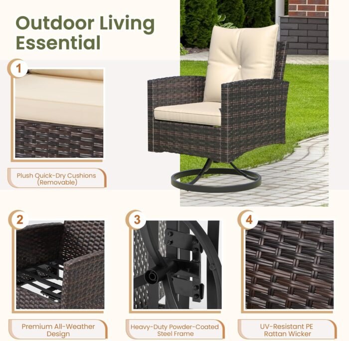 3-Piece Patio Furniture Set, Outdoor Swivel Rocker Patio Chairs Furniture Set of 2 with Matching Side Table & Washable Cushions for Porch, Balcony, Deck, Garden, Backyard - Beige - Image 5