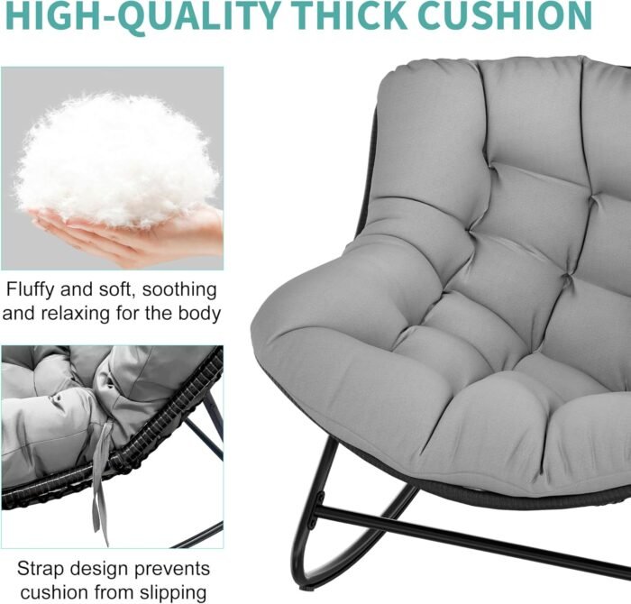 Oversized Rocking Chair Outdoor/Indoor - 450lbs Weight Capacity, Wicker Rattan Egg Lounge Chair with Cushion, All-Weather Patio Rocker for Porch, Garden, Balcony, Gray-Gray - Image 6