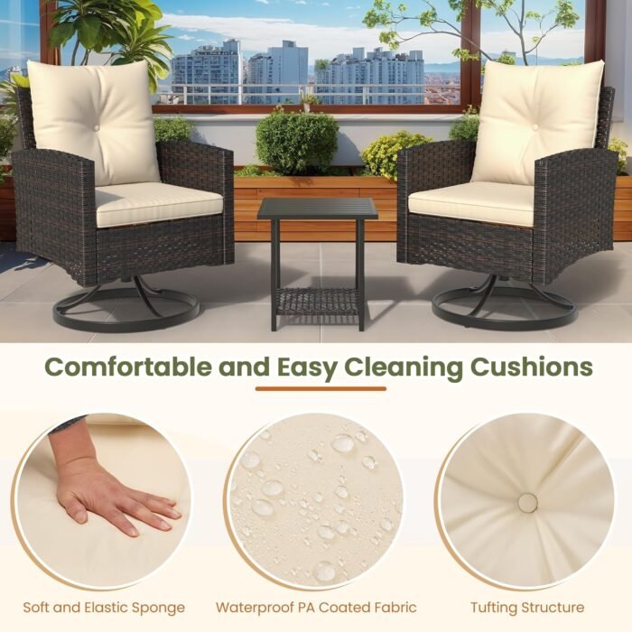 3-Piece Patio Furniture Set, Outdoor Swivel Rocker Patio Chairs Furniture Set of 2 with Matching Side Table & Washable Cushions for Porch, Balcony, Deck, Garden, Backyard - Beige - Image 4