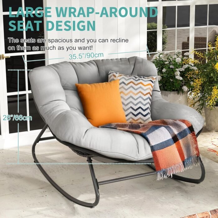 Oversized Rocking Chair Outdoor/Indoor - 450lbs Weight Capacity, Wicker Rattan Egg Lounge Chair with Cushion, All-Weather Patio Rocker for Porch, Garden, Balcony, Gray-Gray - Image 4