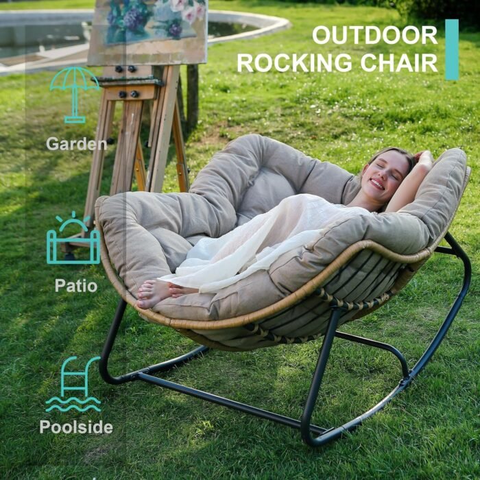 SWITTE Outdoor Rocking Chair, Oversized Patio Papasan Rocker, Comfy Wicker Reading Lounge, Indoor Egg Chair for Bedroom, Living Room, Porch, Garden, Lawn- Beige - Image 4
