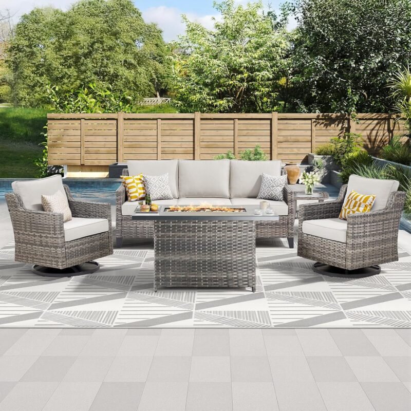 Patio Furniture Set with 42.5" Fire Pit Table-5 Pieces All Weather Wicker Outdoor Furniture with High Back Swivel Patio Chairs Set of 2 Outdoor Couch for Deck Balcony Backyard Beige/Gray