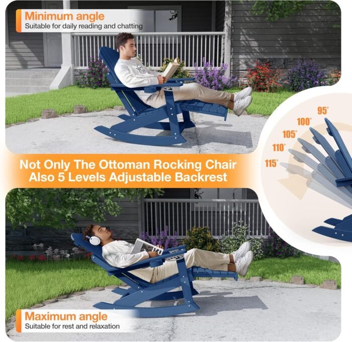 YEFU Outdoor Rocking Chairs Set of 2 Oversize Adirondack Rocking Chairs with Retractable Ottoman & 5-Level Adjustable High Back - Outdoor Rocker with 2 Cup Holders for Porch/Patio/Lawn/Navy - Image 3
