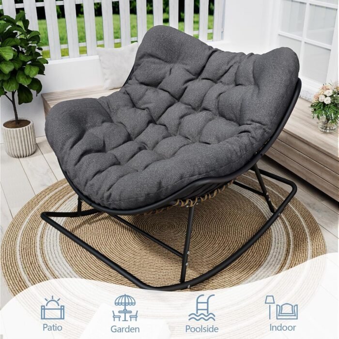 SWITTE Papasan Rocking Chair Outdoor Indoor, Oversized Egg Wicker Rocker with Cushion, Supports 450 lbs, Patio Chair for Balcony or Living Room - Gray - Image 5