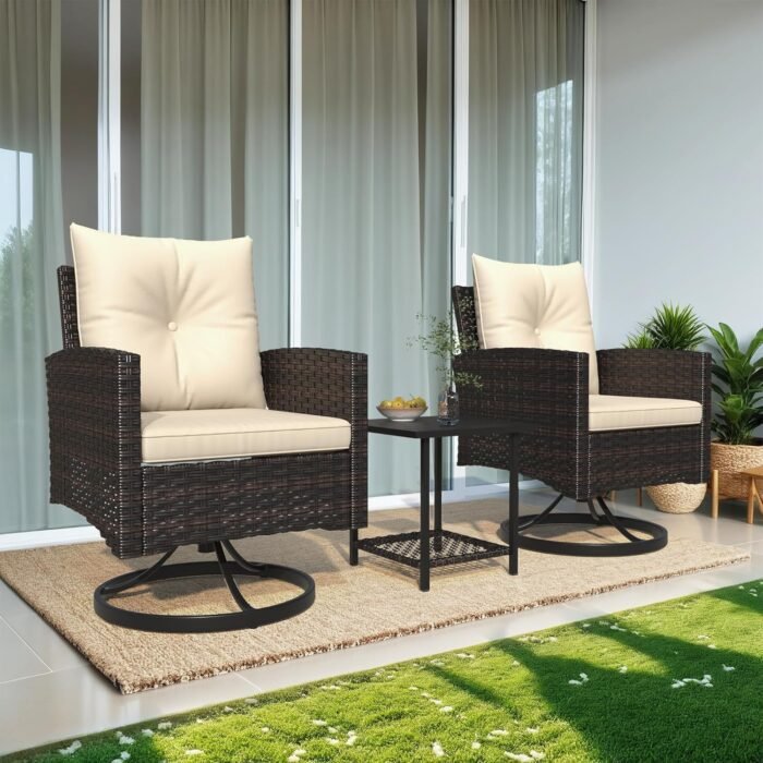 3-Piece Patio Furniture Set, Outdoor Swivel Rocker Patio Chairs Furniture Set of 2 with Matching Side Table & Washable Cushions for Porch, Balcony, Deck, Garden, Backyard - Beige - Image 8