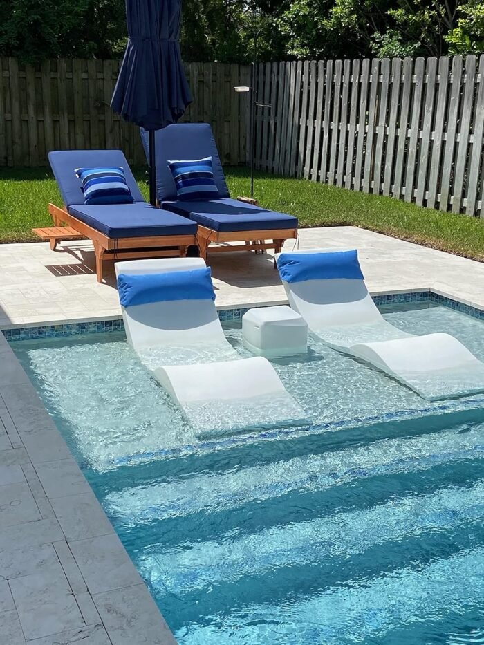 Classic White-Blue - in-Pool Chaise Set – Includes Two Chaises, Two Headrest Pillows, and One Poolside Table – for Ledges Up to 9” - Aqua Outdoors - Image 2