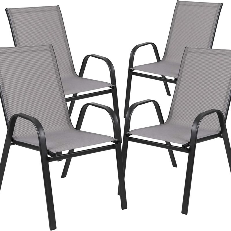 Flash Furniture Brazos Series Outdoor Stackable Patio Chairs with Flex Comfort Material, Stacking Outdoor Modern Sling Patio Chairs, Set of 4, Gray