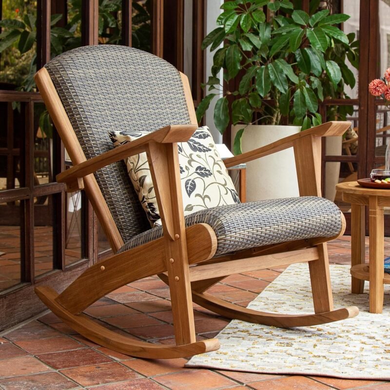 Cambridge Casual Auburn Wood Upholstered Outdoor Rocking Chair, Natural Teak, All-Weather Wicker