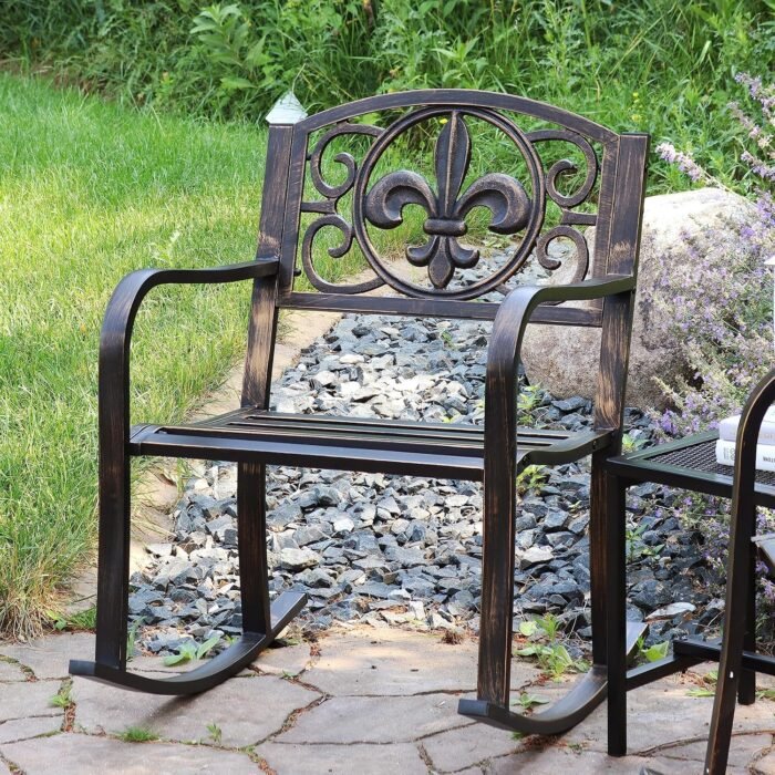 Sunnydaze Fleur-de-Lis Cast Iron and Steel Patio Rocking Chair - 275-Pound Weight Capacity - Black - Image 2