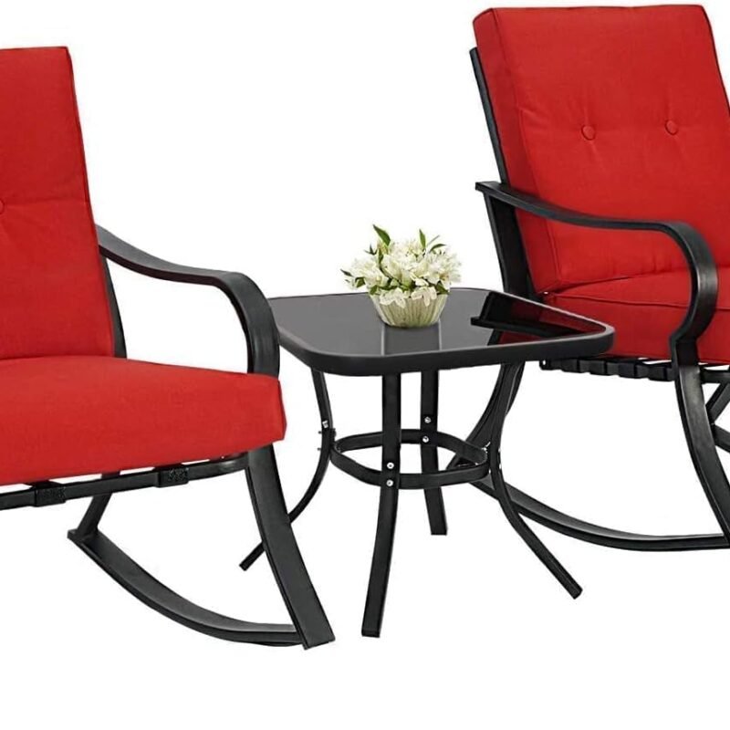 Oakmont Outdoor Furniture 3 Piece Conversation Bistro Set Rocking Chairs and Glass Top Table, Thick Cushions, Black Steel (Red)
