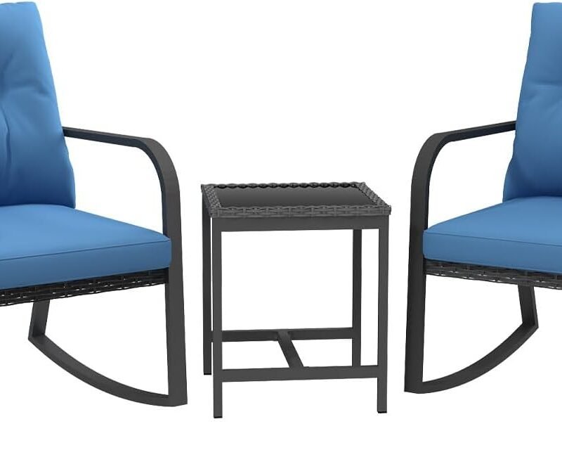 3 Pieces Patio Bistro Set Outdoor Rocking Chair w Cushion for Yard Garden Poolside (Blue)