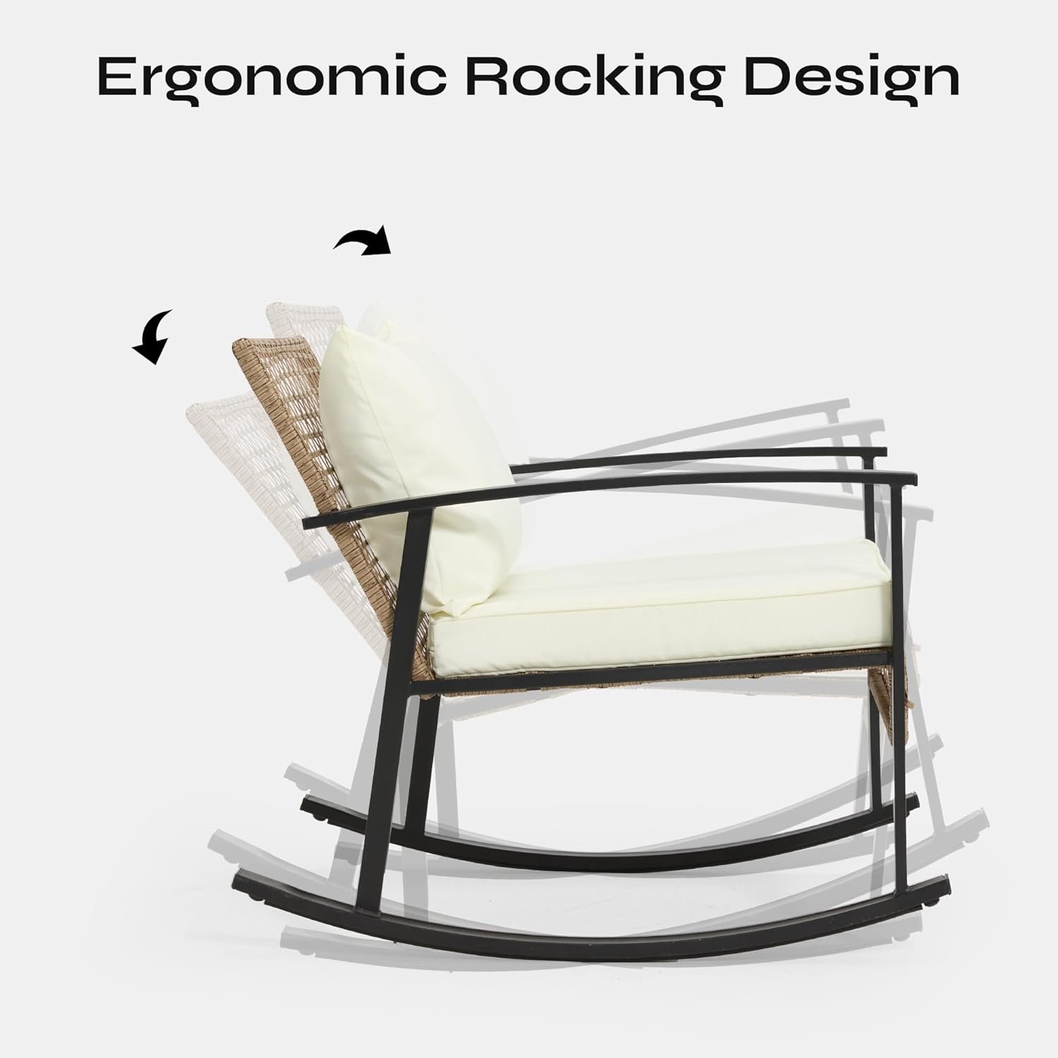 AVAWING 3 Pieces Rocking Bistro Set, Outdoor Rattan Patio Rocking Chairs Set of 2 and 2-Tier Coffee Table, Modern Furniture Oversized Conversation Set for Balcony, Porch, Garden (White) - Image 7