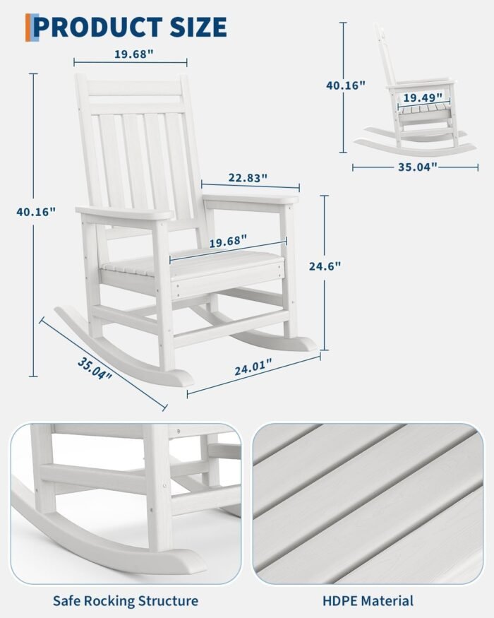 Poly Lumber Rocking Chair Outdoor Set of 2 with Side Table - HDPE High Back Porch Rocker Chairs for Adults - All Weather Resistant Furniture for Patio - White - Image 2