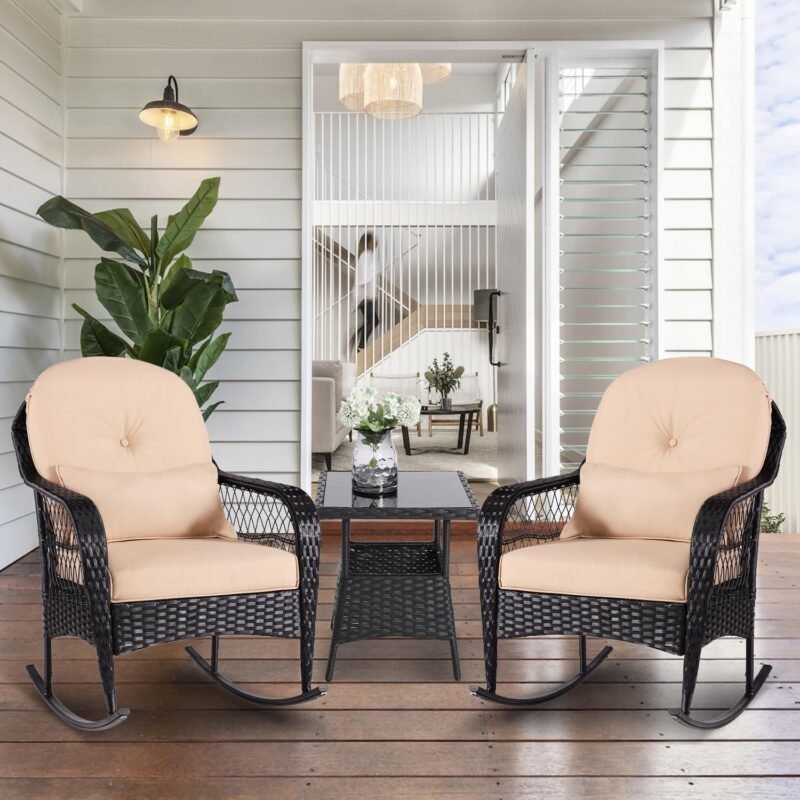 3PCS Outdoor Wicker Rocking Chair Furniture Sets, Patio Rattan Rocker Chairs with 2 Rattan Chairs, Cushions, Glass Top Side Table for Porch, Backyard, Poolside, Deck