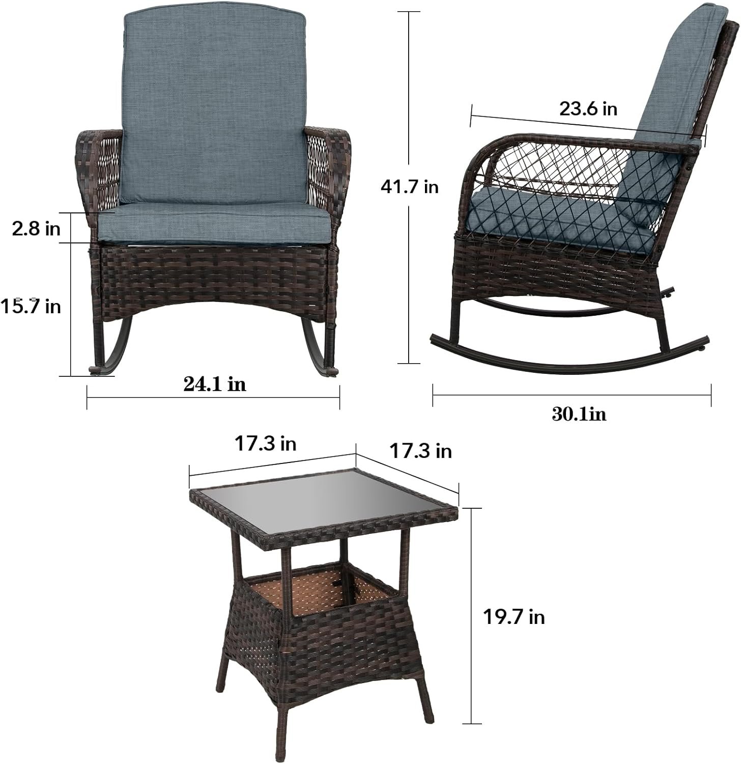 LEVELEVE 3 pcs Rocking Bistro Set Conversation Chairs PE Wicker Outdoor Rocking Chairs (Grey) - Image 4
