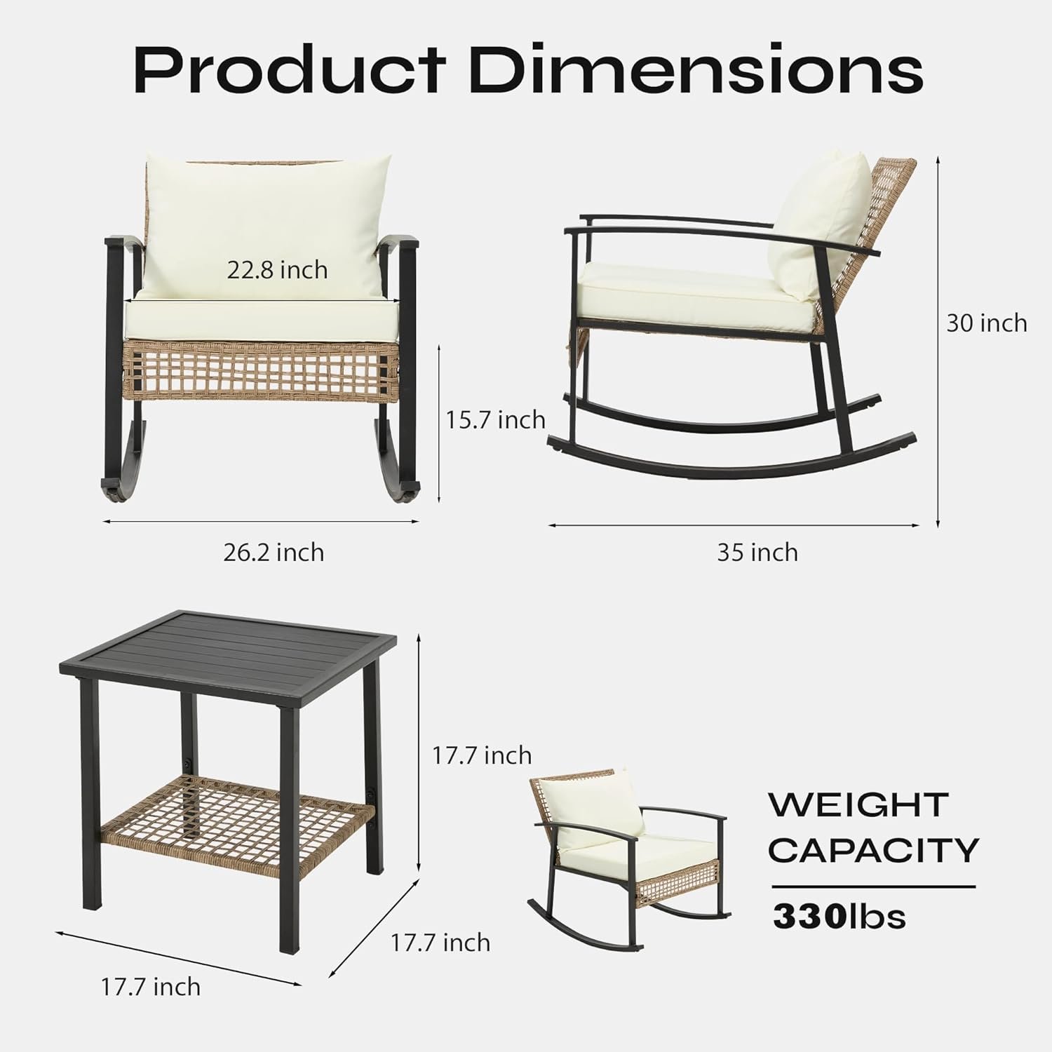 AVAWING 3 Pieces Rocking Bistro Set, Outdoor Rattan Patio Rocking Chairs Set of 2 and 2-Tier Coffee Table, Modern Furniture Oversized Conversation Set for Balcony, Porch, Garden (White) - Image 3