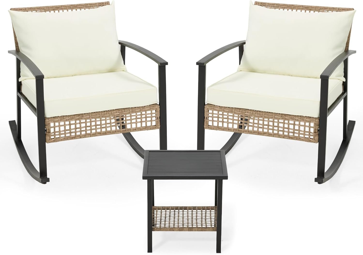 AVAWING 3 Pieces Rocking Bistro Set, Outdoor Rattan Patio Rocking Chairs Set of 2 and 2-Tier Coffee Table, Modern Furniture Oversized Conversation Set for Balcony, Porch, Garden (White)