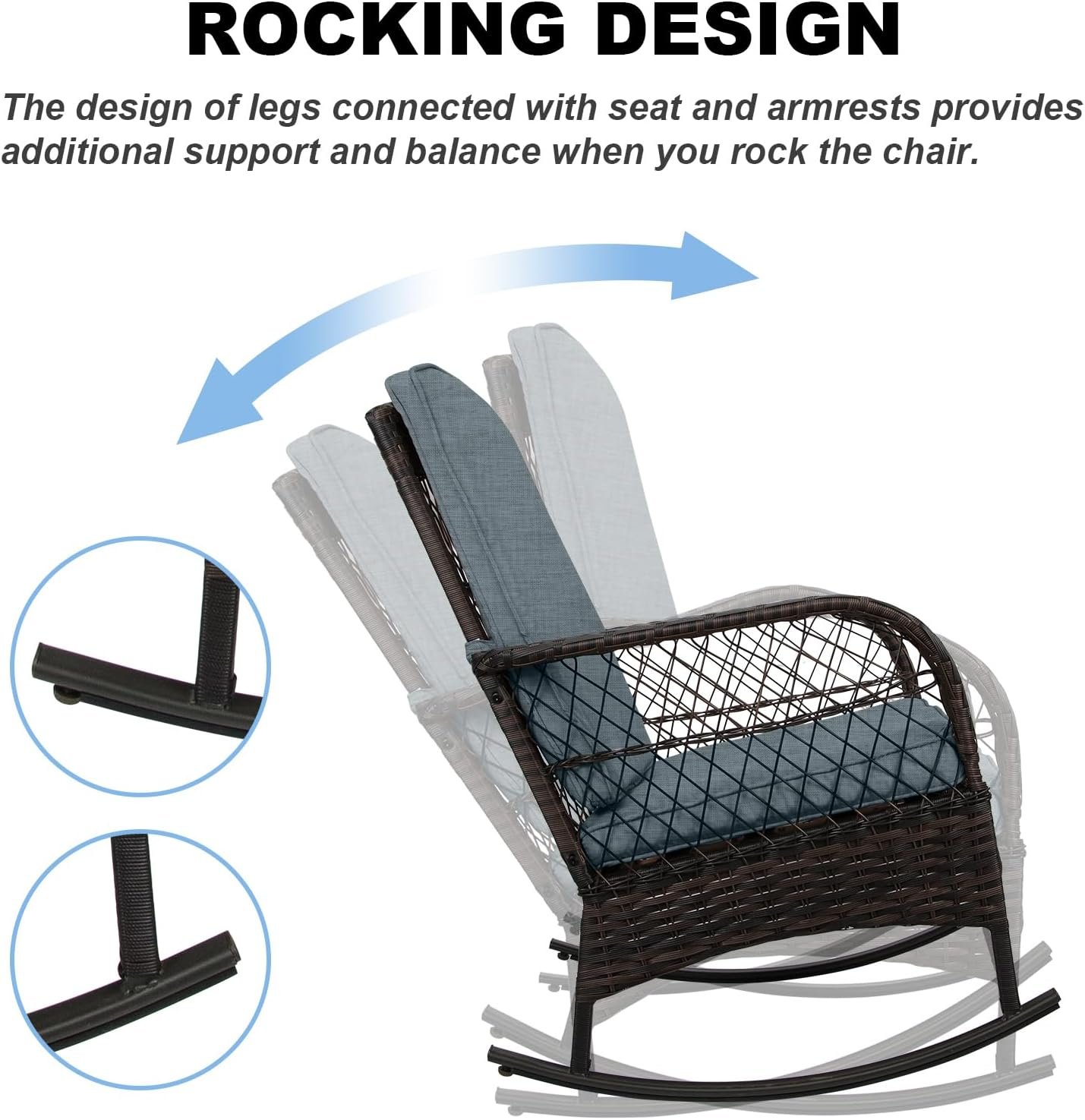 LEVELEVE 3 pcs Rocking Bistro Set Conversation Chairs PE Wicker Outdoor Rocking Chairs (Grey) - Image 2