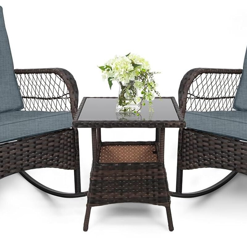 LEVELEVE 3 pcs Rocking Bistro Set Conversation Chairs PE Wicker Outdoor Rocking Chairs (Grey)