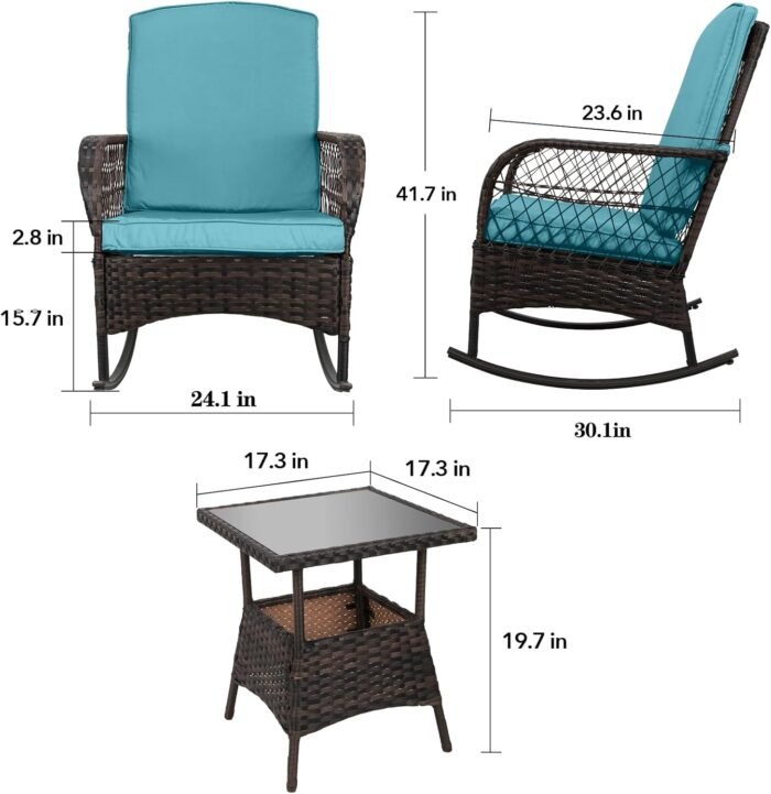 LEVELEVE 3 pcs Rocking Bistro Set Conversation Chairs PE Wicker Outdoor Rocking Chairs (Lake Blue) - Image 4