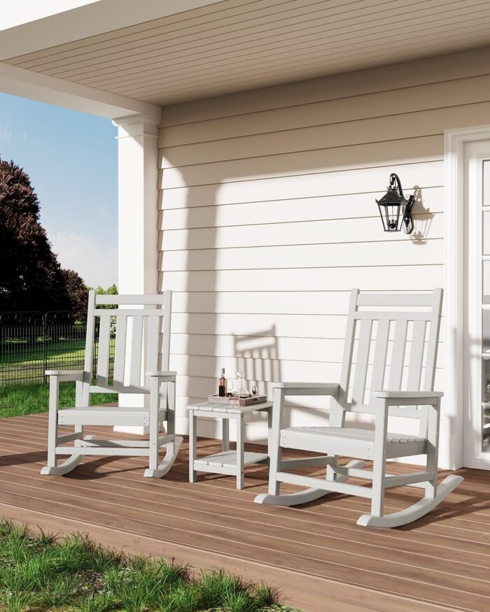 Poly Lumber Rocking Chair Outdoor Set of 2 with Side Table - HDPE High Back Porch Rocker Chairs for Adults - All Weather Resistant Furniture for Patio - White