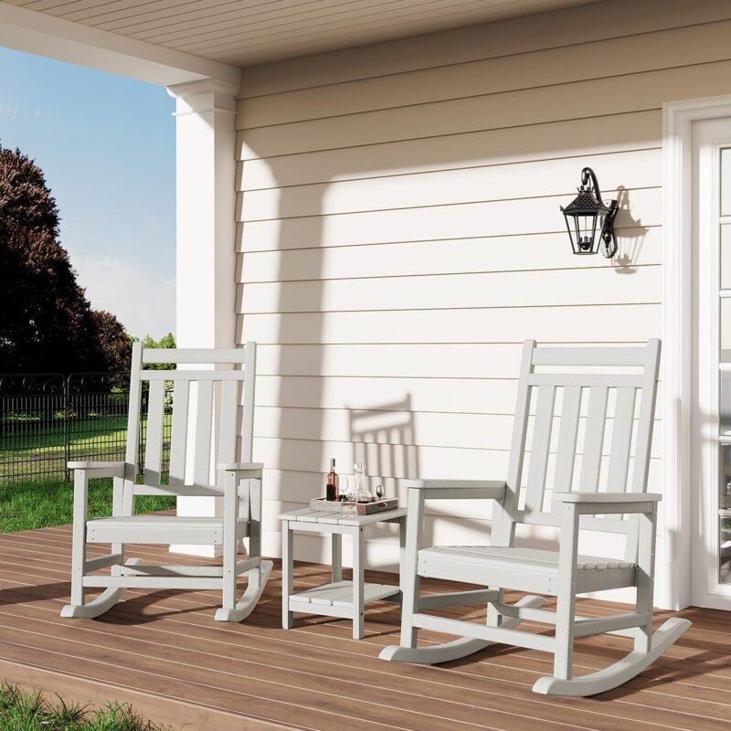 Poly Lumber Rocking Chair Outdoor Set of 2 with Side Table - HDPE High Back Porch Rocker Chairs for Adults - All Weather Resistant Furniture for Patio - White