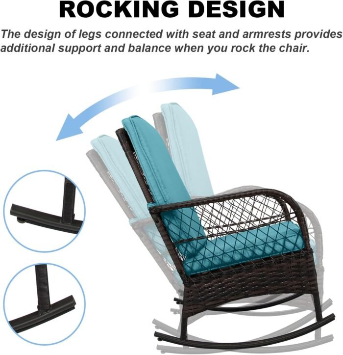 LEVELEVE 3 pcs Rocking Bistro Set Conversation Chairs PE Wicker Outdoor Rocking Chairs (Lake Blue) - Image 2