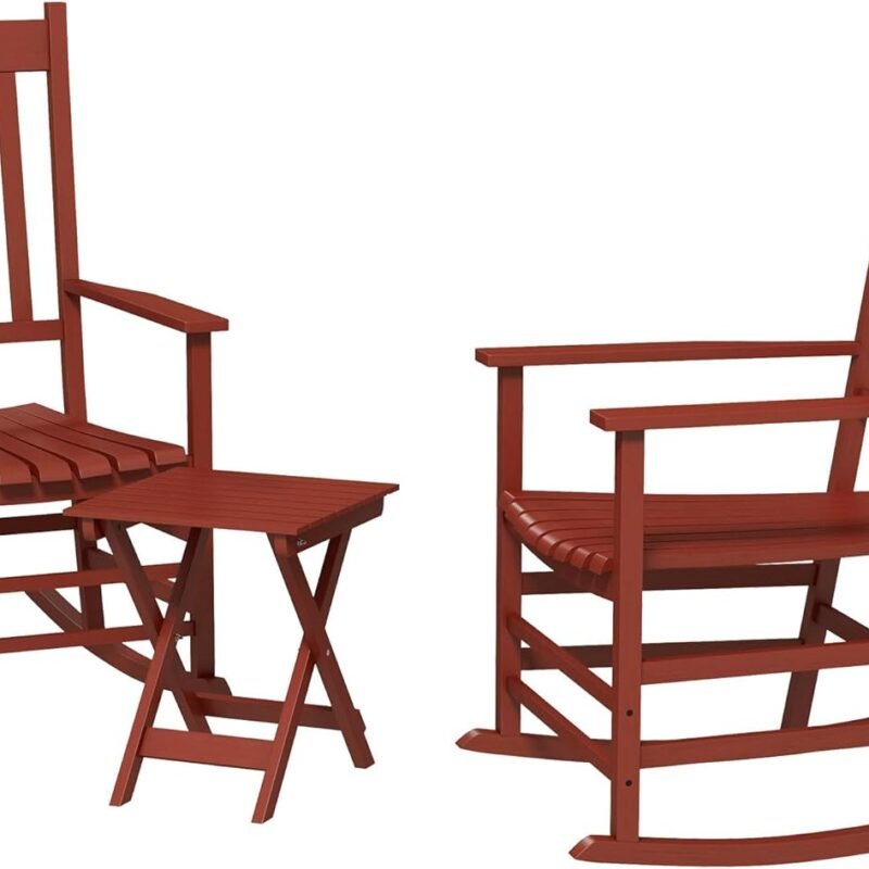 Outsunny Outdoor Rocking Chair Set of 2 with Side Table, Patio Wooden Rocking Chair with Smooth Armrests, High Back for Garden, Balcony, Porch, Supports Up to 352 lbs, Wine Red